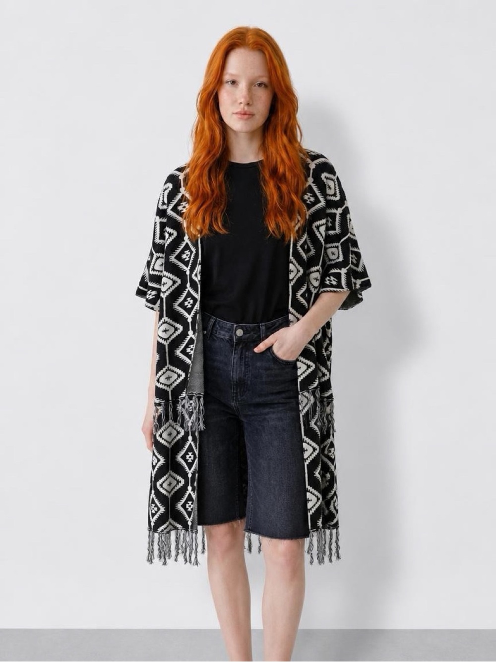 H&M Black & White Geometric Fringe Open-Front Poncho Cardigan